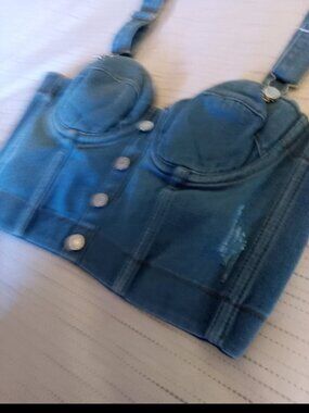 Denim Bustier JEAN CROP TOP BLUE with BUTTONS and Back HOOKS SZ L New-no tags